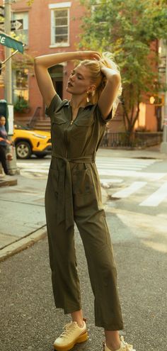 This quick drying, travel-friendly, wrinkle-free designed for comfort and style, with a flattering, adjustable belted waist and convenient front zipper. #falloutfits #fallaesthetic #fall #latesummeroutfits #falloutfitswomen #jumpsuit Khaki Utility Jumpsuit For Work, Khaki Utility Jumpsuits And Rompers For Workwear, Utility Style Khaki Jumpsuit For Work, Casual Olive Jumpsuits And Rompers For Spring, Fall Khaki Jumpsuits And Rompers For Work, Fall Workwear Khaki Jumpsuits And Rompers, Green Utility Jumpsuit For Workwear, Green Utility Style Jumpsuit For Work, Green Utility Jumpsuits And Rompers For Work