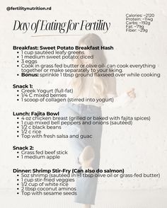 Curious what the heck to eat to support your fertility? Here is a 1-day fertility-focused meal plan that is designed to provide balanced nutrition, with high-quality protein, good fats, and fiber-rich carbohydrates! 🍎 🍤 With meals like a sweet potato hash, shrimp stir-fry and a fajita bowl, this day will support your hormones, your blood sugar, and boost your fertility! Most clients I see come in underrating OR not getting quite the right balance of macro and micro-nutrients. All of which... Trying To Conceive Diet Plan, Food For Fertility Woman, Fertility Tea Trying To Conceive, Ttc Meals, Progesterone Boosting Foods, Ivf Meal Plan, Improve Egg Quality Fertility, Increase Fertility Trying To Conceive, Fertility Foods Trying To Conceive