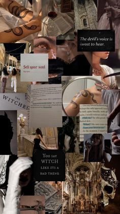 a collage of images with words and pictures on them, including an image of a woman's face