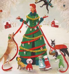 a painting of a woman in a green dress surrounded by dogs, cats and christmas trees