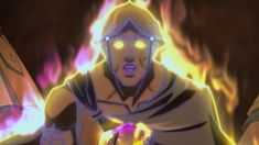 a cartoon character with glowing eyes and an evil look on his face, standing in front of flames