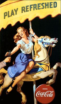 an advertisement for coca cola featuring a woman riding a carousel horse