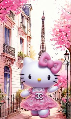 a hello kitty is walking down the street in front of the eiffel tower