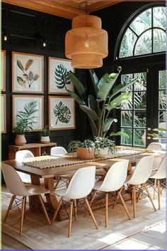 a dining room table with white chairs and plants on the wall in front of it