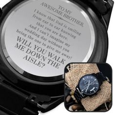 "A thoughtful gift that can withstand constant use, this Engraved Design Black Chronograph Watch is the perfect gift to commemorate your special day. I actually wrote this message thinking of my own brother - we lost my dad a few years ago. When I was planning my own wedding, I knew I wanted something special to give to my brother to ask him to walk me down the aisle. I hope this message is as special to you as it is to me! ⭐⭐ Make sure to check out my \"Walk Me Down the Aisle\" section for more Wedding Day Messages, Bride Proposal, Engraved Watch, Man Of Honour, Walk Down The Aisle, Watch Engraving, Wedding Day Gifts, In Memory Of Dad, Watch Gift