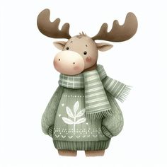 a moose wearing a green sweater and scarf