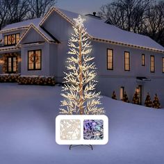 a lit christmas tree in front of a white house with snow on the ground and trees