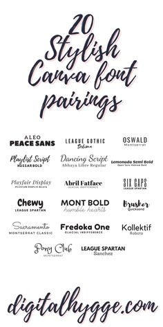 Looking for the best Canva font pairings for your logoposterInstagram post or Pinterest PinFind the top 20 font pairings for 2020 in my article 20 Best Canva Font Pairings for 2020Stylishelegantmoderncontemporaryplayfulthis list has them allThere are handwritten script fontssans serif and serif fonts and ones meant for corporate use and small businessfonts fontpairings canva design designtips Best Fonts For Instagram Posts, Canva Playful Font, The Best Canva Fonts, Elegant Fonts In Canva, Typography Fonts Canva, Canva Business Fonts, Canva Script Font Pairings, Playful Fonts Canva, Best Canva Fonts Pairing