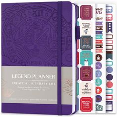 a purple notebook with stickers on it and the words legend planner next to it