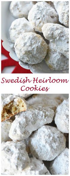 two pictures of powdered sugar cookies on a plate with the words swedish feldoom cookies