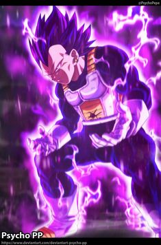 the dragon ball character is in purple light with lightnings behind him and his head turned to