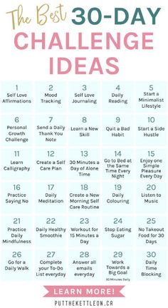 The Best 30 Day Challenge Ideas to Improve Your Life... Choose from 70 life changing 30 Day Challenge Ideas... Looking for some fun, inspirational 30 day challenge ideas? These monthly challenges are for self care, personal development, health and productivity. These are challenges to do with friends or on your own and are great to practice intentional living and self care. See the full list! 30 Day Challenges To Do With Friends, Life Changing Challenges, Challenges For 2024, 30 Day Challenge Lifestyle Ideas, Office Challenge Ideas, Monthly Challenge Ideas Fun, One Week Challenge Ideas, Chalange Ideas, 30 Day Challenge Ideas Fun