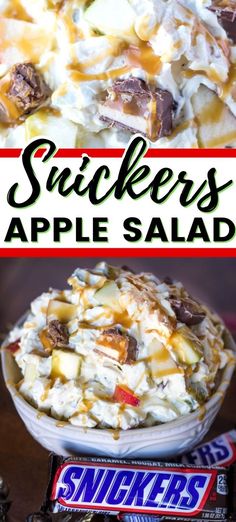 this is an image of a dessert with apples and cream on top, and the words stickers apple salad above it