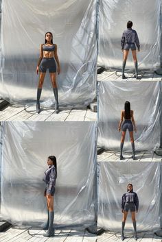 several images of a woman in short shorts and high heels