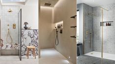 three different views of a bathroom with marble walls and flooring, including a walk in shower