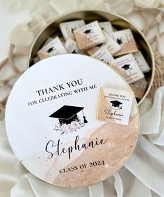 thank you for celebrating with me personalized graduation coasters in a metal bowl on a white cloth