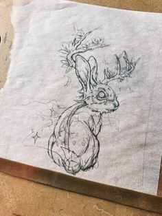 a drawing of a rabbit sitting on top of a piece of paper