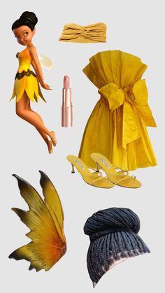 various items are arranged in the shape of a woman's body and shoes, including a yellow dress