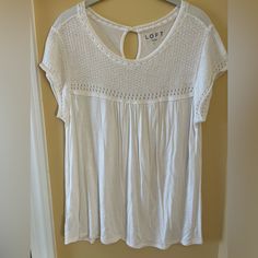 Nwot Loft Top. White W Crochet Upper Quarter. Sz L. Never Worn. Casual White Crochet Lace Blouse, Casual White Crochet Top With Lace Details, Casual White Lace Crochet Top, Casual White Crochet Top With Lace Trim, Casual White Tops With Crochet Trim, White Casual Crochet Top With Lace Trim, White Casual Lace Top With Crochet Trim, White Casual Knit Top With Crochet Trim, Casual White Knit Top With Crochet Trim