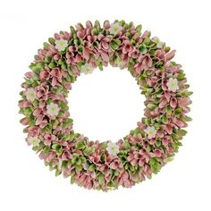 a wreath with pink flowers and green leaves