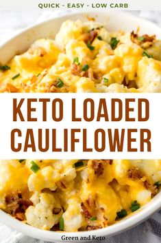 keto loaded cauliflower in a white bowl with the title overlayed