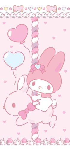 an image of a pink hello kitty with balloons in the air and hearts around it