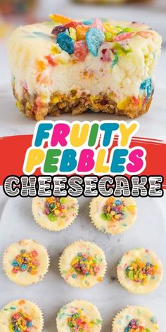 fruity pebbles cheesecake recipe on a plate with cupcakes