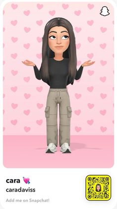 an animated girl with long hair and black shirt standing in front of hearts on pink background