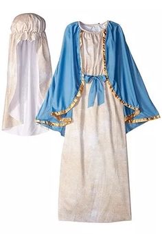 two white and blue dresses with gold trims on the sides, one is wearing a bonnet