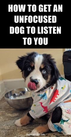 a dog in pajamas sitting on the floor next to a bowl with its tongue out