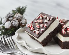 two pieces of cake on a plate with candy canes