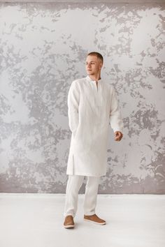 White wedding shirt men, beach wedding kaftan tunic, white linen robe men, long shirt for men, natural fabric tunic shirt, Moroccan shirt Can be ordered in any of 24 linen colors - see the last photo. Colors No. 4, 19, 20, 24 are more lightweight. ... Gorgeous eco-friendly loose and at the same time stylish kaftan shirt made of high quality softened Baltic pure linen. Perfect choice for a hot weather, holidays, wedding party, any other special occasion or as loungewear. Listing includes ONLY kaf White Long Sleeve Kaftan With Relaxed Fit, White Long Sleeve Relaxed Fit Kaftan, Casual Long Sleeve Linen Kaftan, Relaxed Fit Long Sleeve Linen Kurta, White Long Sleeve Linen Tunic, White Linen Long Sleeve Tunic, White Linen Tunic With Long Sleeves, White Linen Pants Men, Men Beach Wedding