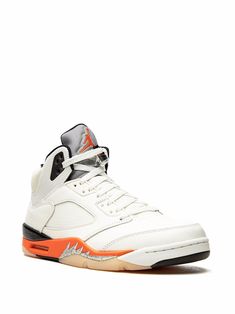 White/orange leather Air Jordan 5 Retro "Shattered Backboard" sneakers from JORDAN featuring signature Jumpman motif, contrasting panel detail, round toe, front lace-up fastening, ankle-length, branded insole and rubber sole. These styles are supplied by a premium sneaker marketplace. Stocking only the most sought-after footwear, they source and curate some of the most hard to find sneakers from around the world.. | Jordan Air 5 Retro "Shattered Backboard" sneakers Retro Mid-top Basketball Shoes With Vulcanized Sole, Retro Orange High-top Sneakers, Retro Orange Sneakers For Streetwear, Retro Mid-top Basketball Sneakers, Retro Low-top Basketball Shoes With Cushioned Footbed, Shattered Backboard, Jordan 5 Retro, Air Jordan 5 Retro, Jordan Air