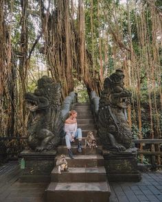 a woman sitting on steps with her dog in front of some statues and vines hanging from the trees