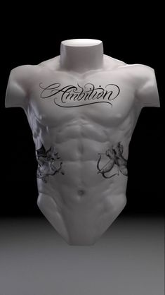 a white torso with tattoos and writing on it