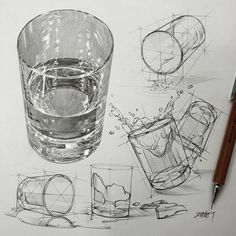 a pencil drawing of glasses and objects