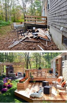 before and after pictures of an outdoor deck