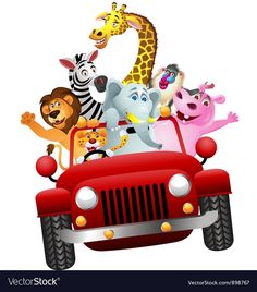 a red car filled with cartoon animals and giraffes stock photo - 9579