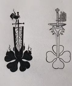 two drawings of swords and flowers on a white paper background, one is black and the other is white