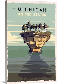 the michigan state is depicted in this retro style travel poster with trees on an island