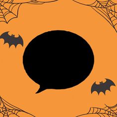 an orange background with black bats and a speech bubble in the shape of a bat