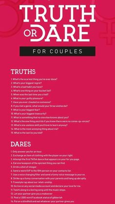 the truth or dare for couples is shown in this pink brochure with black lettering