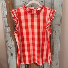 Nwot Loft Top. Adorable Accordion Pleat Detail On Sleeves And Color. One Button At Nape Of Neck. Size Medium. Red Sleeveless Top For Picnic, Casual Red Top For Picnic, Red Summer Tops For Picnic, White Short Sleeve Top For Picnic, Red Picnic, Nape Of Neck, Plaid Top, Plaid Tops, Red White