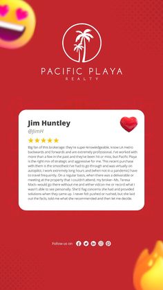 the website for pacific playa is displayed on a red background with hearts and palm trees