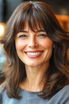 Chunky Shaggy Layers with Bangs Hairstyle on a smiling woman with brown hair. Shag Cut With Bangs, Chunky Layers, Shag Cut, Haircuts For Medium Length Hair, Layered Hairstyles, Wispy Bangs