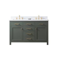 a double sink vanity with two gold faucets