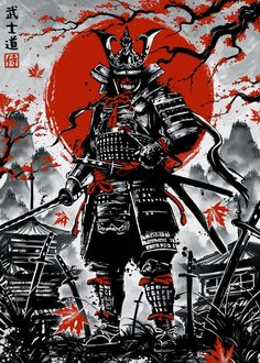 a samurai standing in front of a red sun