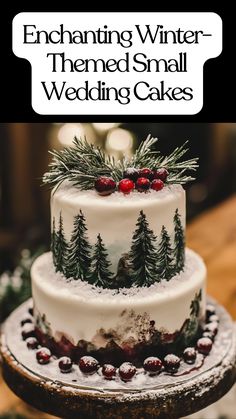 A small winter-themed wedding cake with chocolate layers and peppermint buttercream, decorated with hand-painted pine trees and edible snow, topped with rosemary sprigs and cranberries for a rustic, natural look. Rustic Winter Wedding Cake, Snow Cake Winter, Christmas Wedding Cake Ideas, Cabin Winter Wedding, Winter Wedding Tree, Winter Theme Cake, Hunter Wedding Cake, Winter Wedding Cake Ideas, Edible Snow