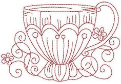 a drawing of a coffee cup with flowers on the side and hearts in the middle