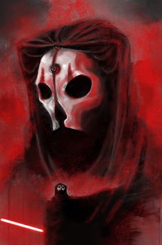 a painting of a person wearing a mask with a light saber in their hand and the background is red